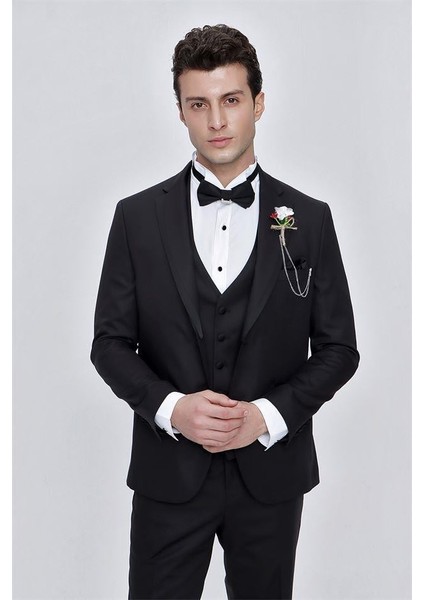 Siyah Armürlü Çıkarılabilir Mono Yaka Yelekli 6 Drop Slim Fit Smokin Damatlık 1001225202