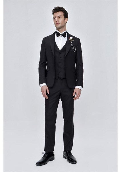 Siyah Armürlü Çıkarılabilir Mono Yaka Yelekli 6 Drop Slim Fit Smokin Damatlık 1001225202 fırsatları