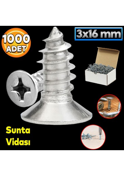 Sunta Vidası 3X16 Paket 1000 Adet Sivri Uçlu Ahşap Tahta Ağaç Mobilya Ayak Kulp Vidası