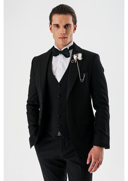 Siyah Çıkarılabilir Şal Yaka Yelekli Likralı 6 Drop Slim Fit Smokin Damatlık 1001240202 fiyatları