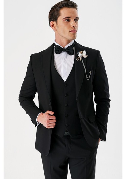 Siyah Çıkarılabilir Şal Yaka Yelekli Likralı 6 Drop Slim Fit Smokin Damatlık 1001240202