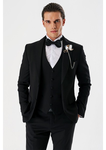 Siyah Çıkarılabilir Şal Yaka Yelekli Likralı 6 Drop Slim Fit Smokin Damatlık 1001240202 modelleri