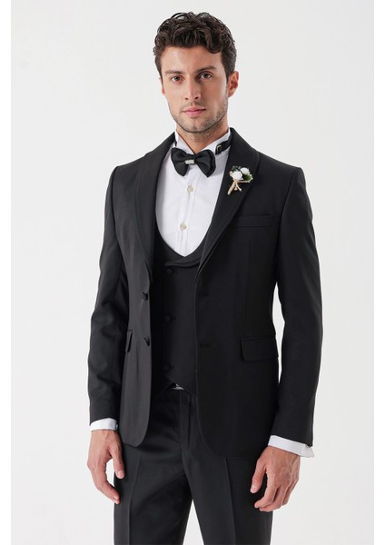 Siyah Desenli Armürlü Çıkarılabilir Şal Yaka Kruvaze 6 Drop Slim Fit Smokin Damatlık Takım 1001230214