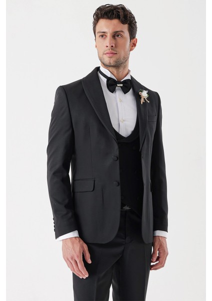Siyah Desenli Armürlü Çıkarılabilir Şal Yaka Kruvaze 6 Drop Slim Fit Smokin Damatlık Takım 1001230214 modelleri