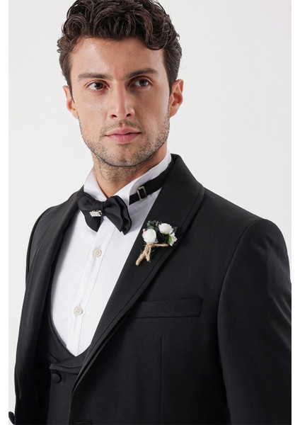 Siyah Desenli Armürlü Çıkarılabilir Şal Yaka Kruvaze 6 Drop Slim Fit Smokin Damatlık Takım 1001230214 fırsatları