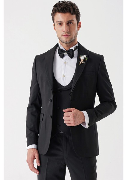 Siyah Desenli Armürlü Çıkarılabilir Şal Yaka Kruvaze 6 Drop Slim Fit Smokin Damatlık Takım 1001230214 indirimleri