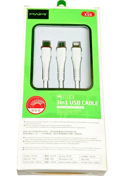 1 Metre Kalın Silikon 3'lü Şarj Kablosu - Her Telefonla Uyumludur -Mıcro Usb//type-C
