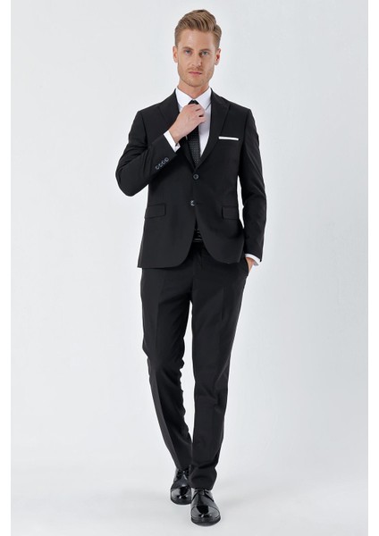 Siyah Gabardin Kırlangıç Yaka Astarlı 6 Drop Slim Fit Dar Kesim Basic Takım Elbise 1001235011