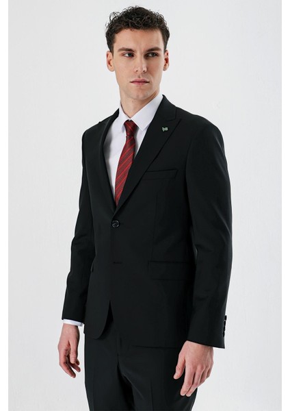 Siyah Kırlangıç Yaka Yünlü Likralı 6 Drop Slim Fit Dar Kesim Klasik Takım Elbise 1001240158