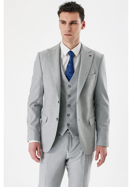 Gri Kırlangıç Yaka Yelekli Likralı 6 Drop Slim Fit Dar Kesim Klasik Takım Elbise 1001240167