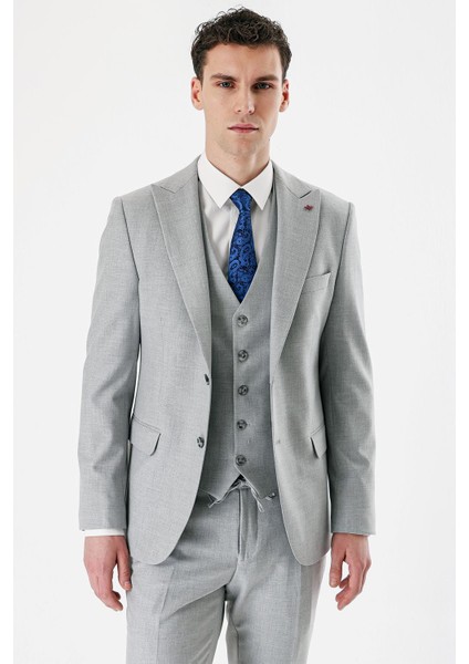 Gri Kırlangıç Yaka Yelekli Likralı 6 Drop Slim Fit Dar Kesim Klasik Takım Elbise 1001240167