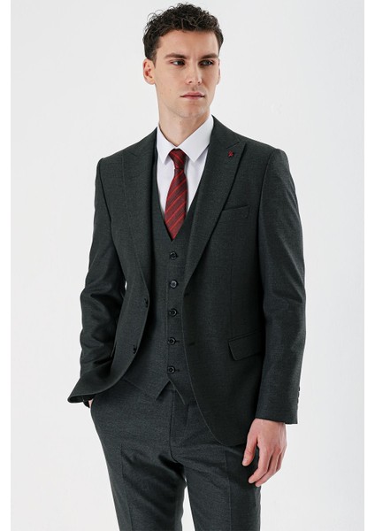Koyu Antrasit Kırlangıç Yaka Yelekli Likralı 6 Drop Slim Fit Dar Kesim Klasik Takım Elbise 1001240167