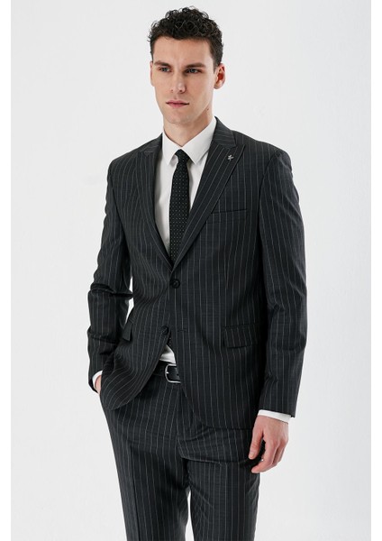 Füme Çizgili Kırlangıç Yaka Yünlü Likralı 6 Drop Slim Dar Kesim Klasik Takım Elbise 1001240159