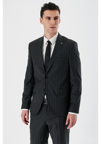 Füme Çizgili Kırlangıç Yaka Yünlü Likralı 6 Drop Slim Dar Kesim Klasik Takım Elbise 1001240159 modelleri