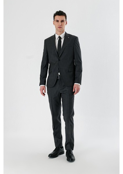 Füme Çizgili Kırlangıç Yaka Yünlü Likralı 6 Drop Slim Dar Kesim Klasik Takım Elbise 1001240159 fırsatları