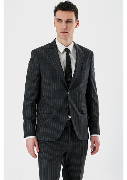 Füme Çizgili Kırlangıç Yaka Yünlü Likralı 6 Drop Slim Dar Kesim Klasik Takım Elbise 1001240159 indirimleri