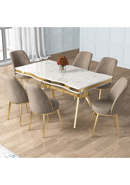 Pra Serisi 90X160 Lak Panel Beyaz Mermer Desen Gold Ayak Masa Takımı 6 Sandalye