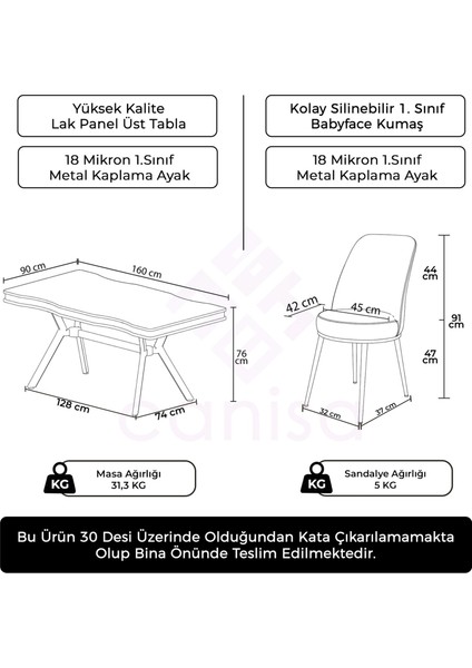 Pra Serisi 90X160 Lak Panel Beyaz Mermer Desen Gold Ayak Masa Takımı 6 Sandalye