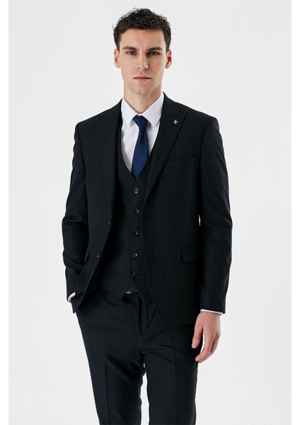 Siyah Kırlangıç Yaka Yelekli 6 Drop Slim Fit Dar Kesim Klasik Takım Elbise 1001235165
