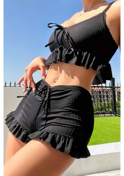 Özel Örme Kumaş Askılı Şortlu Pijama Takımı fiyatları