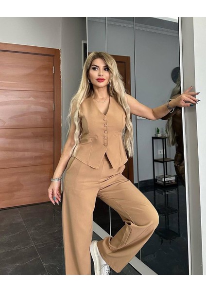 Pantalon Yelekli Takım Ithal Dabıl Kumaş Kadın Düğmeli Yelek Palazzo Geniş Paça Pantolon Ikili Takım