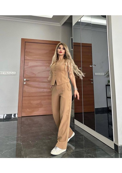 Pantalon Yelekli Takım Ithal Dabıl Kumaş Kadın Düğmeli Yelek Palazzo Geniş Paça Pantolon Ikili Takım