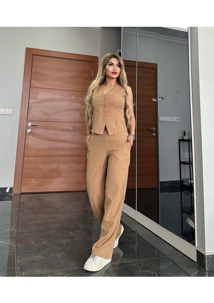 Pantalon Yelekli Takım Ithal Dabıl Kumaş Kadın Düğmeli Yelek Palazzo Geniş Paça Pantolon Ikili Takım