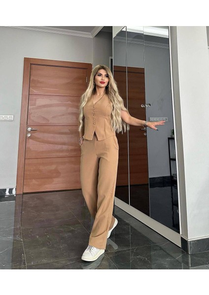 Pantalon Yelekli Takım Ithal Dabıl Kumaş Kadın Düğmeli Yelek Palazzo Geniş Paça Pantolon Ikili Takım