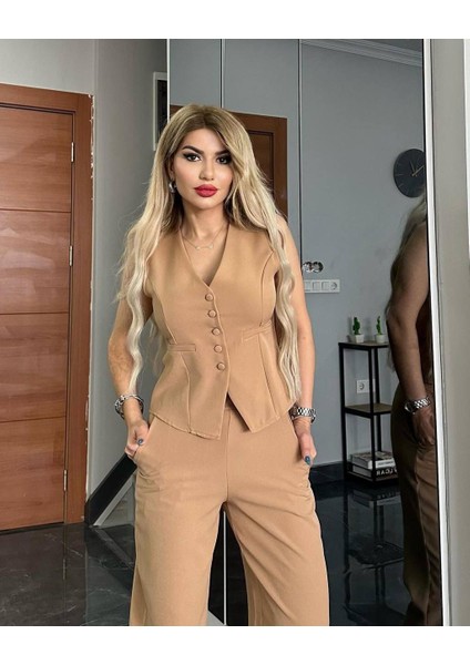 Pantalon Yelekli Takım Ithal Dabıl Kumaş Kadın Düğmeli Yelek Palazzo Geniş Paça Pantolon Ikili Takım