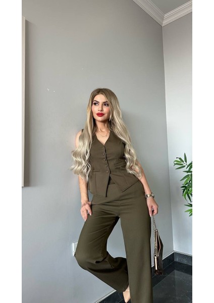 Pantalon Yelekli Takım Ithal Dabıl Kumaş Kadın Düğmeli Yelek Palazzo Geniş Paça Pantolon Ikili Takım