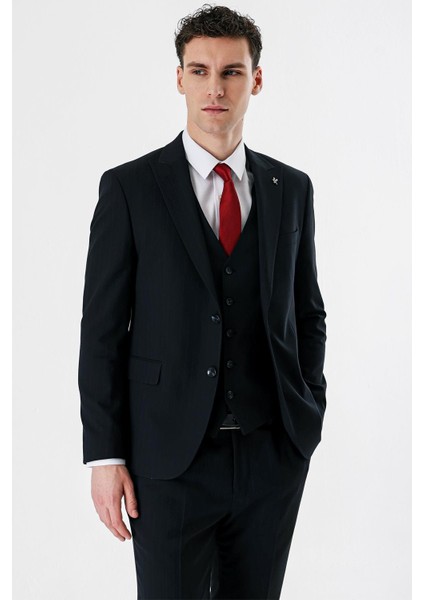 Koyu Lacivert Kırlangıç Yaka Yelekli 6 Drop Slim Fit Dar Kesim Klasik Takım Elbise 1001235165 modelleri