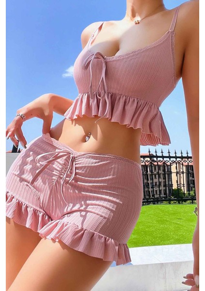 Özel Örme Kumaş Askılı Şortlu Pijama Takımı
