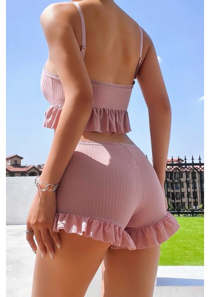 Özel Örme Kumaş Askılı Şortlu Pijama Takımı