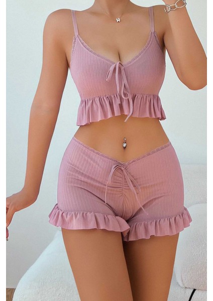 Özel Örme Kumaş Askılı Şortlu Pijama Takımı
