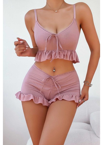 Özel Örme Kumaş Askılı Şortlu Pijama Takımı
