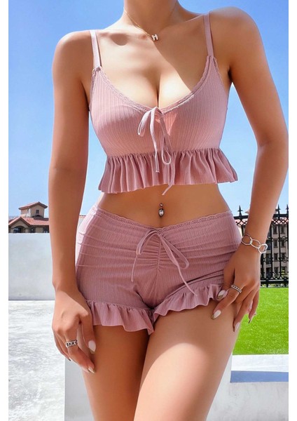 Özel Örme Kumaş Askılı Şortlu Pijama Takımı