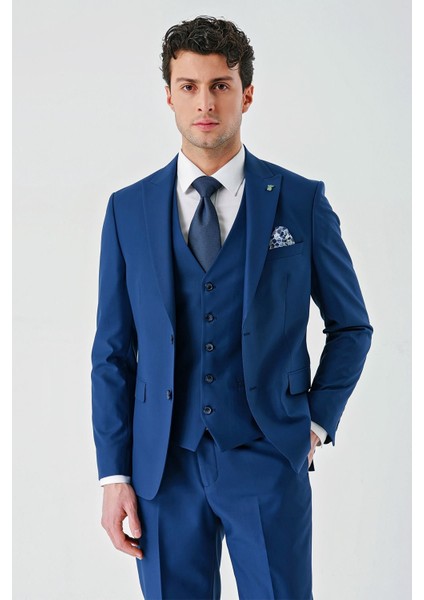 Lacivert Gabardin Kırlangıç Yaka Yelekli 6 Drop Slim Fit Klasik Takım Elbise 1001240187