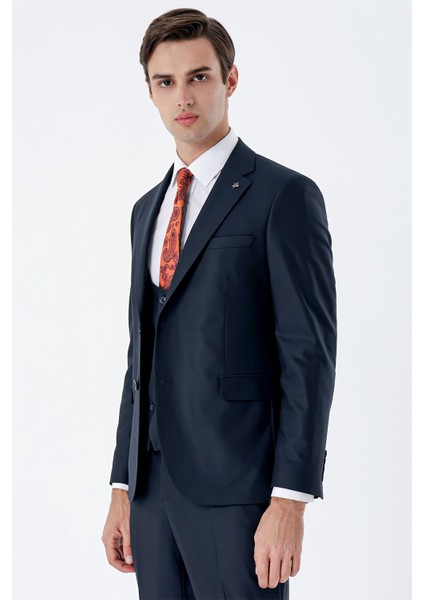 Lacivert Mono Yaka Astarlı Yelekli 6 Drop Slim Fit Dar Kesim Basic Takım Elbise 1001235186