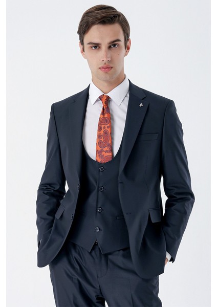 Lacivert Mono Yaka Astarlı Yelekli 6 Drop Slim Fit Dar Kesim Basic Takım Elbise 1001235186 indirimleri