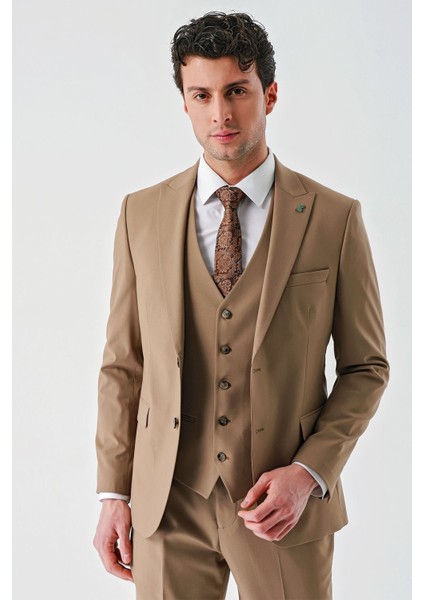 Tütün Gabardin Kırlangıç Yaka Yelekli Likralı 6 Drop Slim Fit Klasik Takım Elbise 1001240188