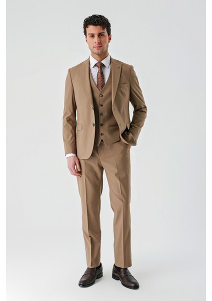 Tütün Gabardin Kırlangıç Yaka Yelekli Likralı 6 Drop Slim Fit Klasik Takım Elbise 1001240188