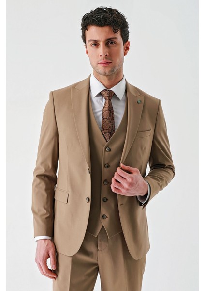 Tütün Gabardin Kırlangıç Yaka Yelekli Likralı 6 Drop Slim Fit Klasik Takım Elbise 1001240188