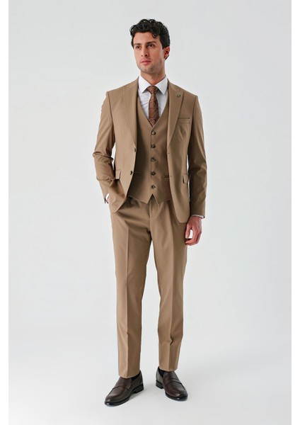 Tütün Gabardin Kırlangıç Yaka Yelekli Likralı 6 Drop Slim Fit Klasik Takım Elbise 1001240188