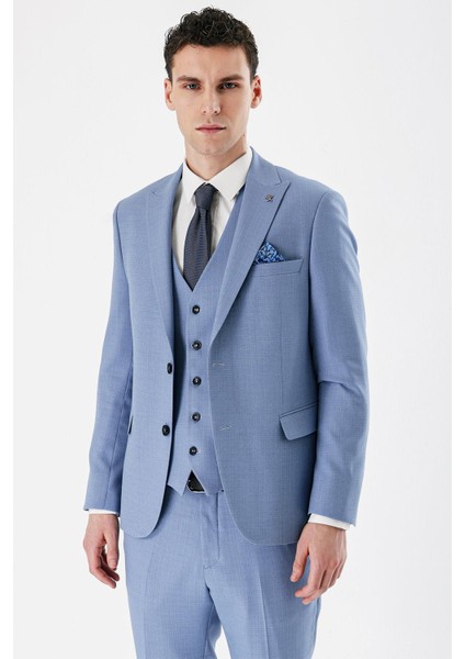Mavi Desenli Kırlangıç Yaka Yelekli 6 Drop Slim Fit Dar Kesim Klasik Takım Elbise 1001240157