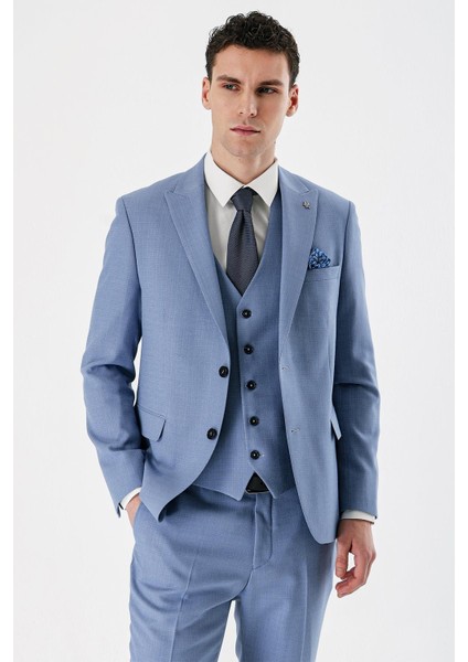 Mavi Desenli Kırlangıç Yaka Yelekli 6 Drop Slim Fit Dar Kesim Klasik Takım Elbise 1001240157