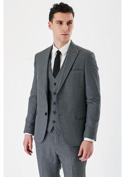 Füme Desenli Kırlangıç Yaka Yelekli 6 Drop Slim Fit Dar Kesim Klasik Takım Elbise 1001240157
