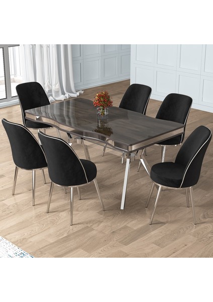 Pra Serisi 90X160 Lak Panel Antrasit Ironi Krom Ayak Masa Takımı 6 Sandalye