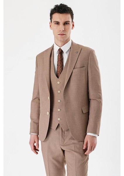 Camel Desenli Kırlangıç Yaka Yelekli 6 Drop Slim Fit Dar Kesim Klasik Takım Elbise 1001240157