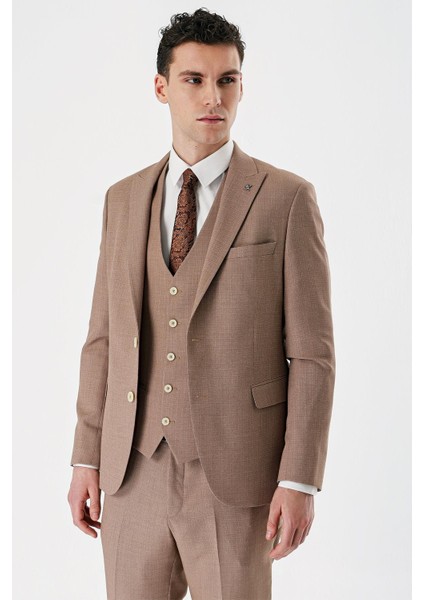 Camel Desenli Kırlangıç Yaka Yelekli 6 Drop Slim Fit Dar Kesim Klasik Takım Elbise 1001240157