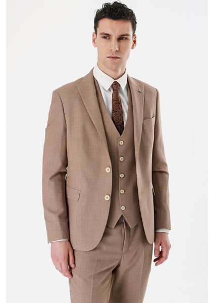 Camel Desenli Kırlangıç Yaka Yelekli 6 Drop Slim Fit Dar Kesim Klasik Takım Elbise 1001240157